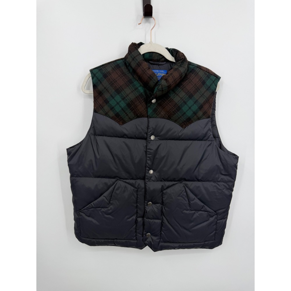 Pendleton Wool Yoke Puffer Vest Mens Medium Navy Blue Plaid Down Filled Western